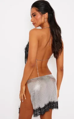 Petite Silver Lace Detail Chainmail Crop Top