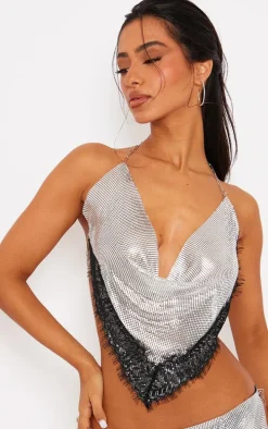 Petite Silver Lace Detail Chainmail Crop Top