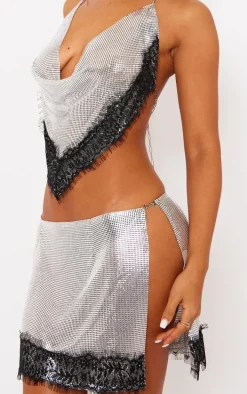 Petite Silver Lace Detail Chainmail Mini Skirt