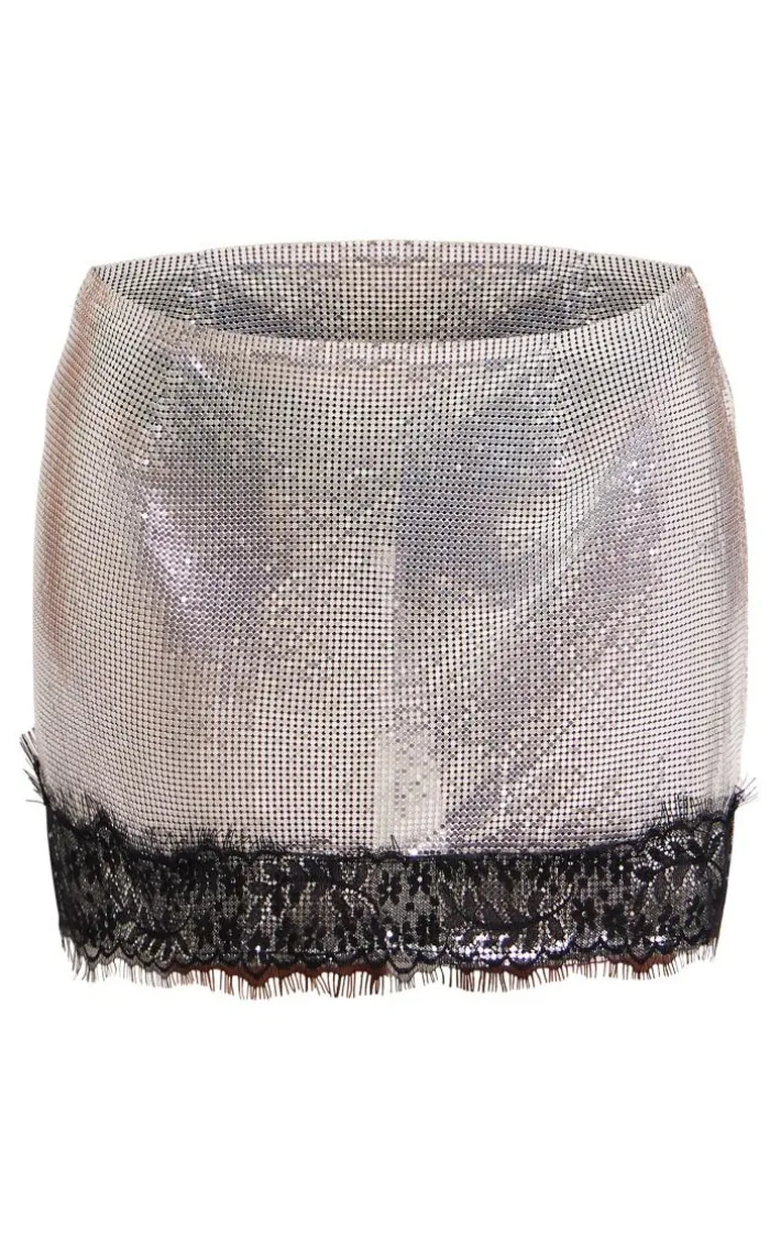 Petite Silver Lace Detail Chainmail Mini Skirt