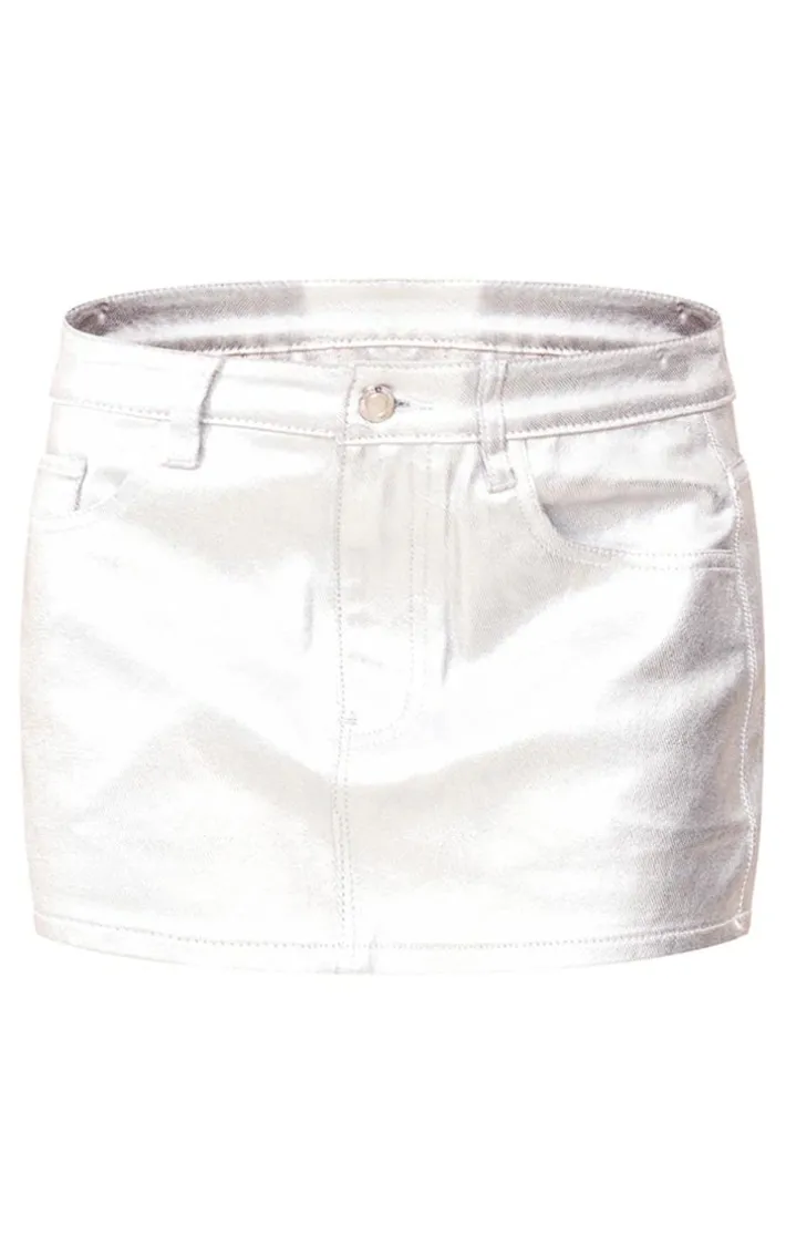 Petite Silver Metallic Coated Denim Mini Skirt