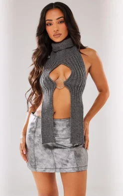 Petite Silver Metallic Coated Extreme Micro Mini Skirt