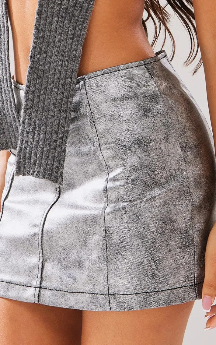 Petite Silver Metallic Coated Extreme Micro Mini Skirt