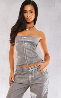 Petite Silver Metallic Denim Panel Long Top