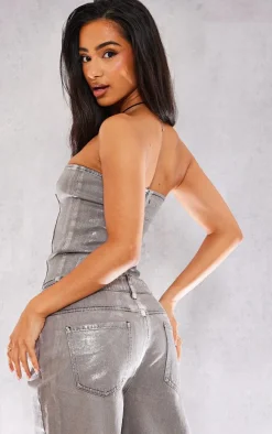 Petite Silver Metallic Denim Panel Long Top