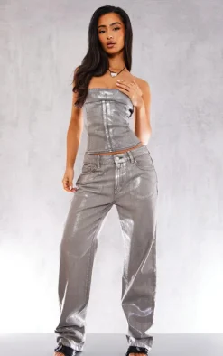 Petite Silver Metallic Denim Panel Long Top