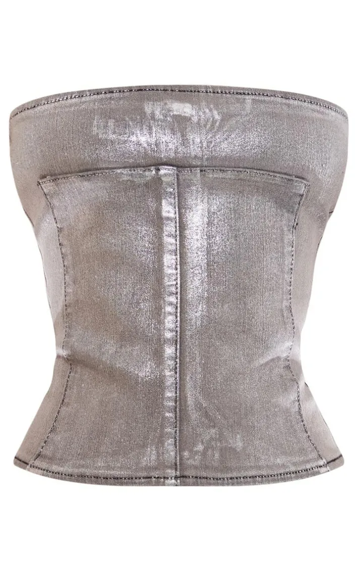 Petite Silver Metallic Denim Panel Long Top