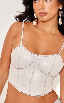 Petite Silver Metallic Denim Corset Top