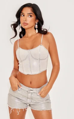 Petite Silver Metallic Denim Frayed Hem Shorts