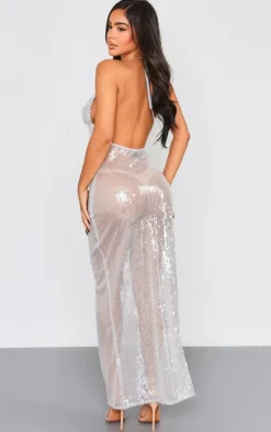 Petite Silver Sequin Backless Maxi Dress