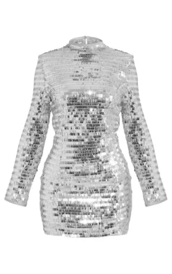 Petite Silver Sequin Shoulder Pad Detail Micro Mini Dress