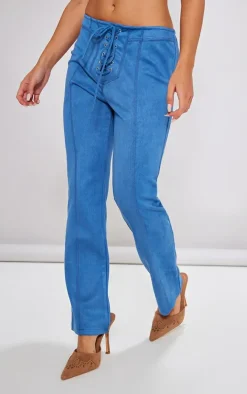 Petite Slate Blue Faux Suede Lace Up Straight Leg Pants