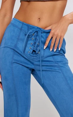 Petite Slate Blue Faux Suede Lace Up Straight Leg Pants