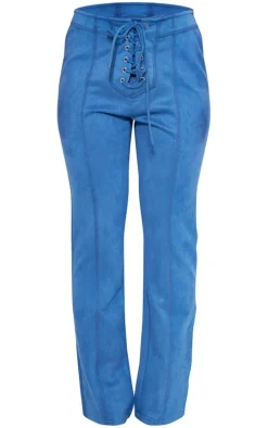 Petite Slate Blue Faux Suede Lace Up Straight Leg Pants