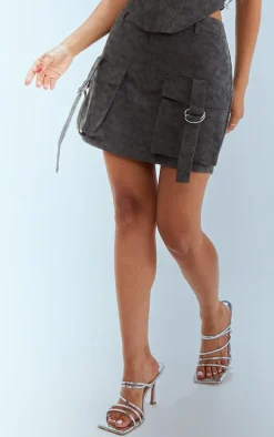 Petite Slate Washed Faux Leather Pocket Cargo Mini Skirt