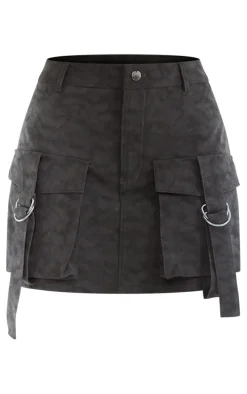 Petite Slate Washed Faux Leather Pocket Cargo Mini Skirt