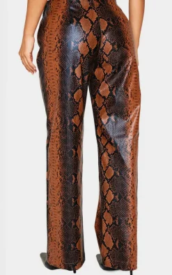 Petite Snake Print Faux Leather Zip Detail Low Rise Wide Leg Pants