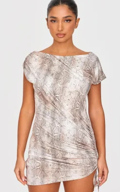 Petite Snake Print Off The Shoulder Double Layer Mini Dress