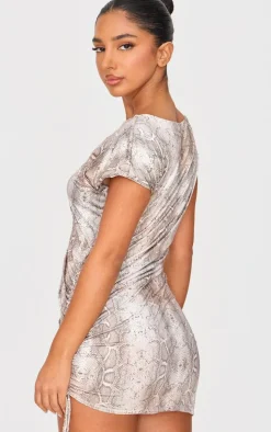 Petite Snake Print Off The Shoulder Double Layer Mini Dress