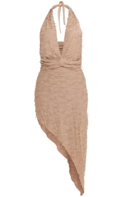 Petite Soft Brown Distressed Floral Textured Halterneck Mini Dress