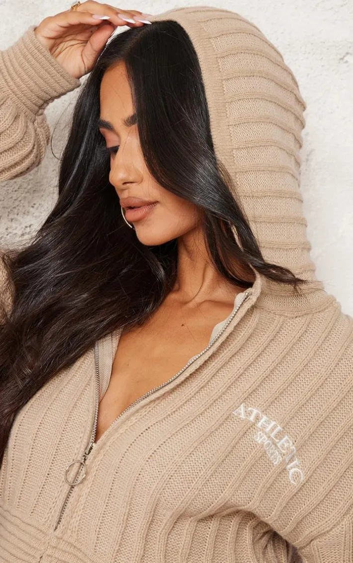 Petite Stone Athletic Sport Embroidered Knit Zip Up Cropped Cardigan