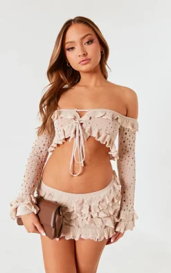 Petite Stone Bardot Crop Top With Ruffle Details