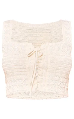 Petite Stone Crochet Tie Front Detail Crop Top