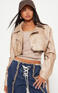 Petite Stone Faux Leather Super Cropped Belted Biker Jacket