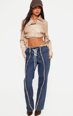 Petite Stone Faux Leather Super Cropped Belted Biker Jacket