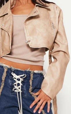 Petite Stone Faux Leather Super Cropped Belted Biker Jacket