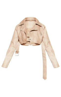 Petite Stone Faux Leather Super Cropped Belted Biker Jacket