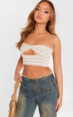 Petite Stone Knit Twist Front Stripe Crop Top
