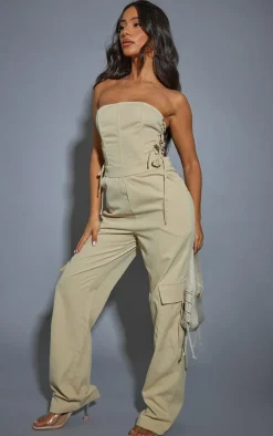 Petite Stone Lace Up Bandeau Cargo Pocket Detail Jumpsuit