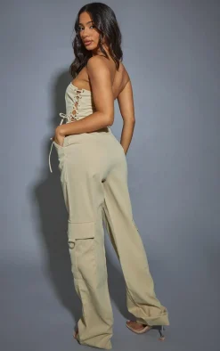 Petite Stone Lace Up Bandeau Cargo Pocket Detail Jumpsuit