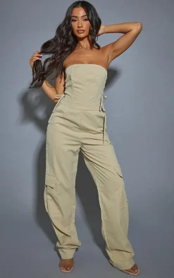 Petite Stone Lace Up Bandeau Cargo Pocket Detail Jumpsuit