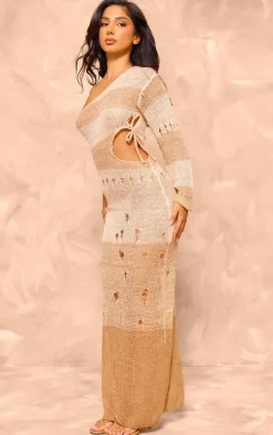 Petite Stone One Sleeve Open Knit Maxi Dress