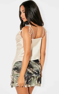Petite Stone Satin Ruched Asymmetric Strappy Top