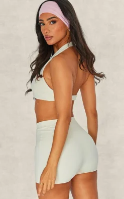 Petite Stone Snatched Sculpt Halterneck Twist Front Crop Top