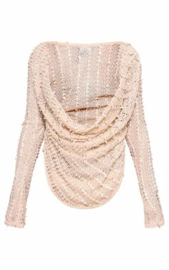 Petite Stone Textured Extreme Cowl Neck Top