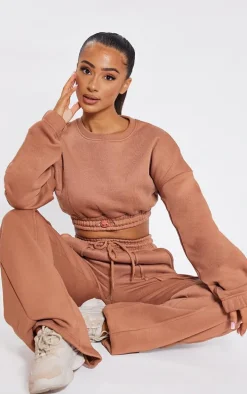 Petite Tan Crop Elasticated Hem Sweat Top