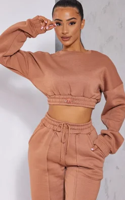 Petite Tan Crop Elasticated Hem Sweat Top