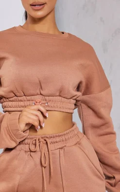 Petite Tan Crop Elasticated Hem Sweat Top