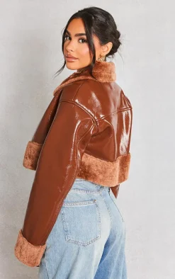 Petite Tan Faux Fur Trim Buckle Collar Vinyl Cropped Jacket