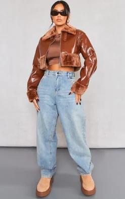 Petite Tan Faux Fur Trim Buckle Collar Vinyl Cropped Jacket