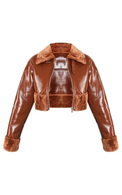 Petite Tan Faux Fur Trim Buckle Collar Vinyl Cropped Jacket