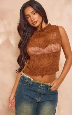 Petite Tan Open Knit Sleeveless Long Top