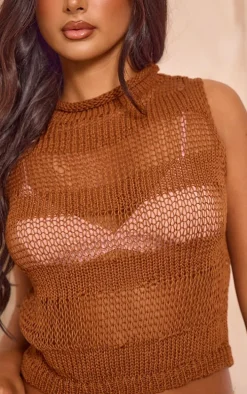 Petite Tan Open Knit Sleeveless Long Top