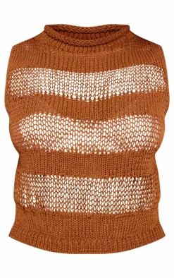 Petite Tan Open Knit Sleeveless Long Top