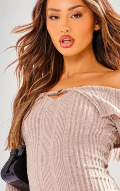 Petite Taupe Brushed Rib Fold Over Mini Dress