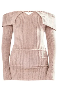 Petite Taupe Brushed Rib Fold Over Mini Dress